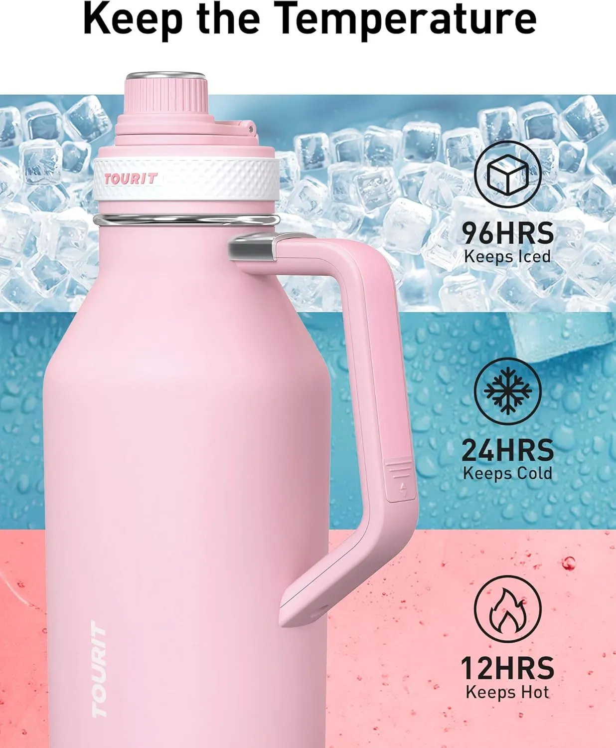 TOURIT 64oz Insulated Water Bottle Stainless Steel, Half Gallon Large Water Jug with 2-in-1 Handle, Double Wall Vacuum Metal Keep Cold & Hot, Wide Mouth Sport Water Flask For Gym, Travel, Silver