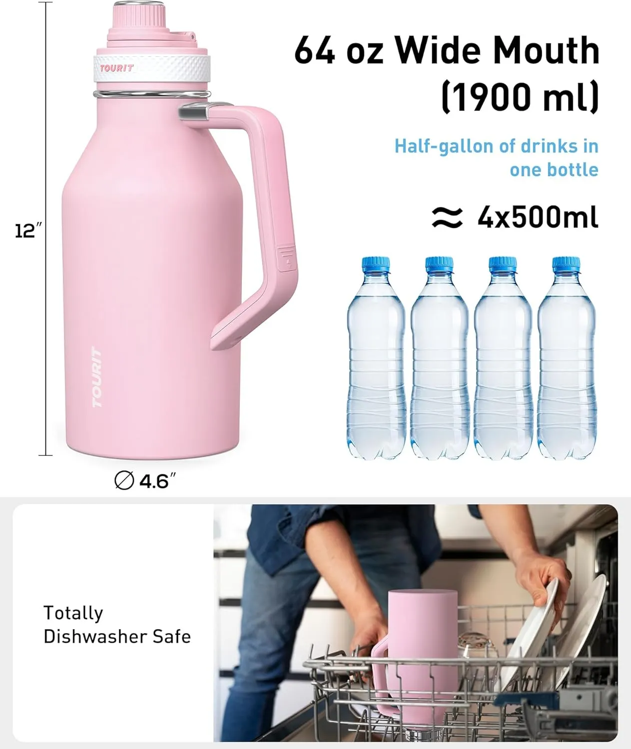 TOURIT 64oz Insulated Water Bottle Stainless Steel, Half Gallon Large Water Jug with 2-in-1 Handle, Double Wall Vacuum Metal Keep Cold & Hot, Wide Mouth Sport Water Flask For Gym, Travel, Silver