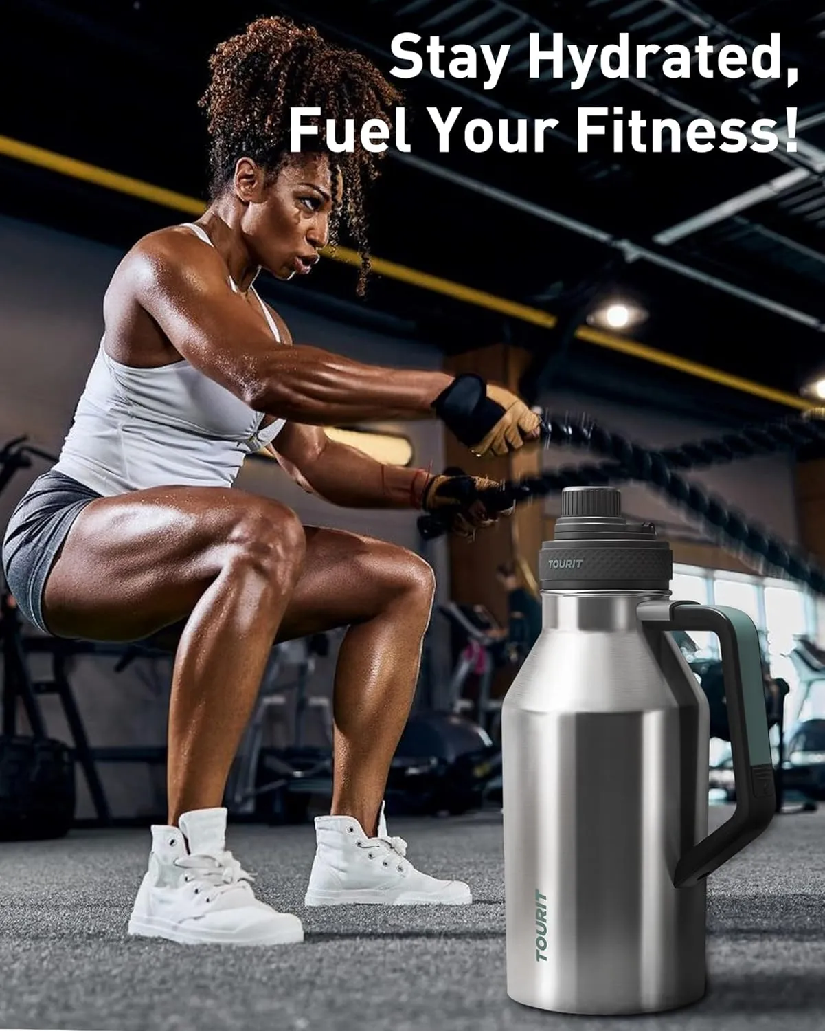 TOURIT 64oz Insulated Water Bottle Stainless Steel, Half Gallon Large Water Jug with 2-in-1 Handle, Double Wall Vacuum Metal Keep Cold & Hot, Wide Mouth Sport Water Flask For Gym, Travel, Silver