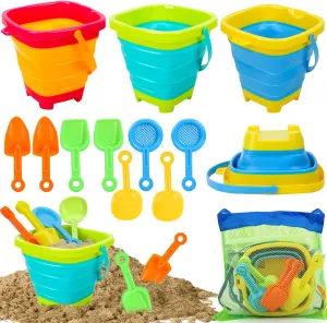TOY Life Collapsible Beach Toys for Kids with 4 Silicone Collapsible Sand Buckets & 8 Shovels & Mesh Bag, Travel Beach Essentials for Kids Sand Toys Toddlers, Sandbox Toys for Boys Girls Ages 3-5 4-8