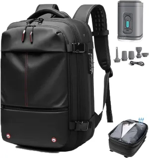 Transactione Backpack, Expandable Multifunctional Large Capacity Backpack, Waterproof Nylon Anti-Theft With Password Lock (Black Vacuum pump)