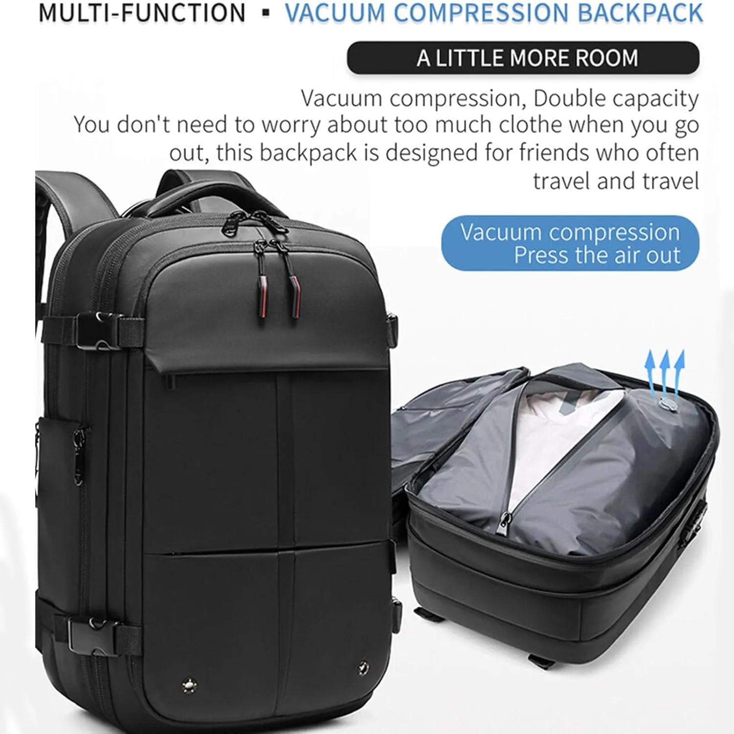 Transactione Backpack, Expandable Multifunctional Large Capacity Backpack, With Password Lock (Black-B Vacuum pump)