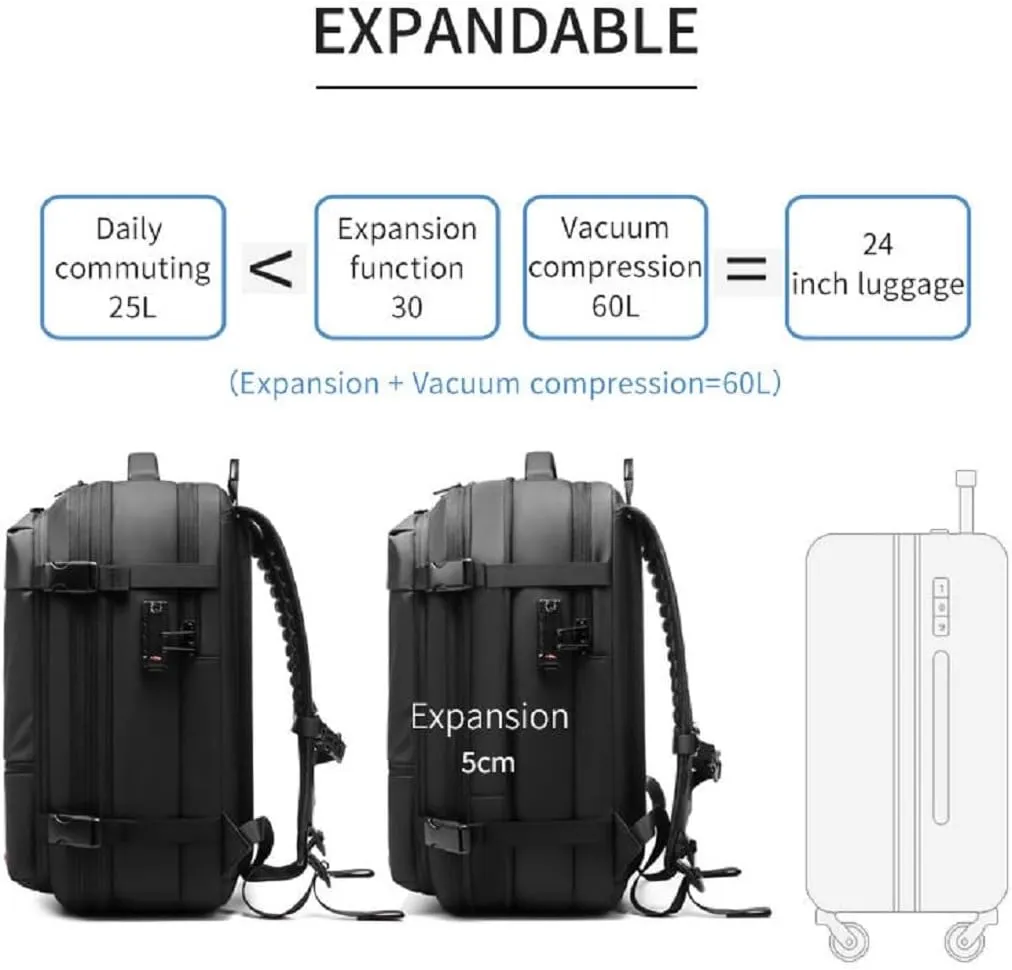 Transactione Backpack, Expandable Multifunctional Large Capacity Backpack, With Password Lock (Black-B Vacuum pump)