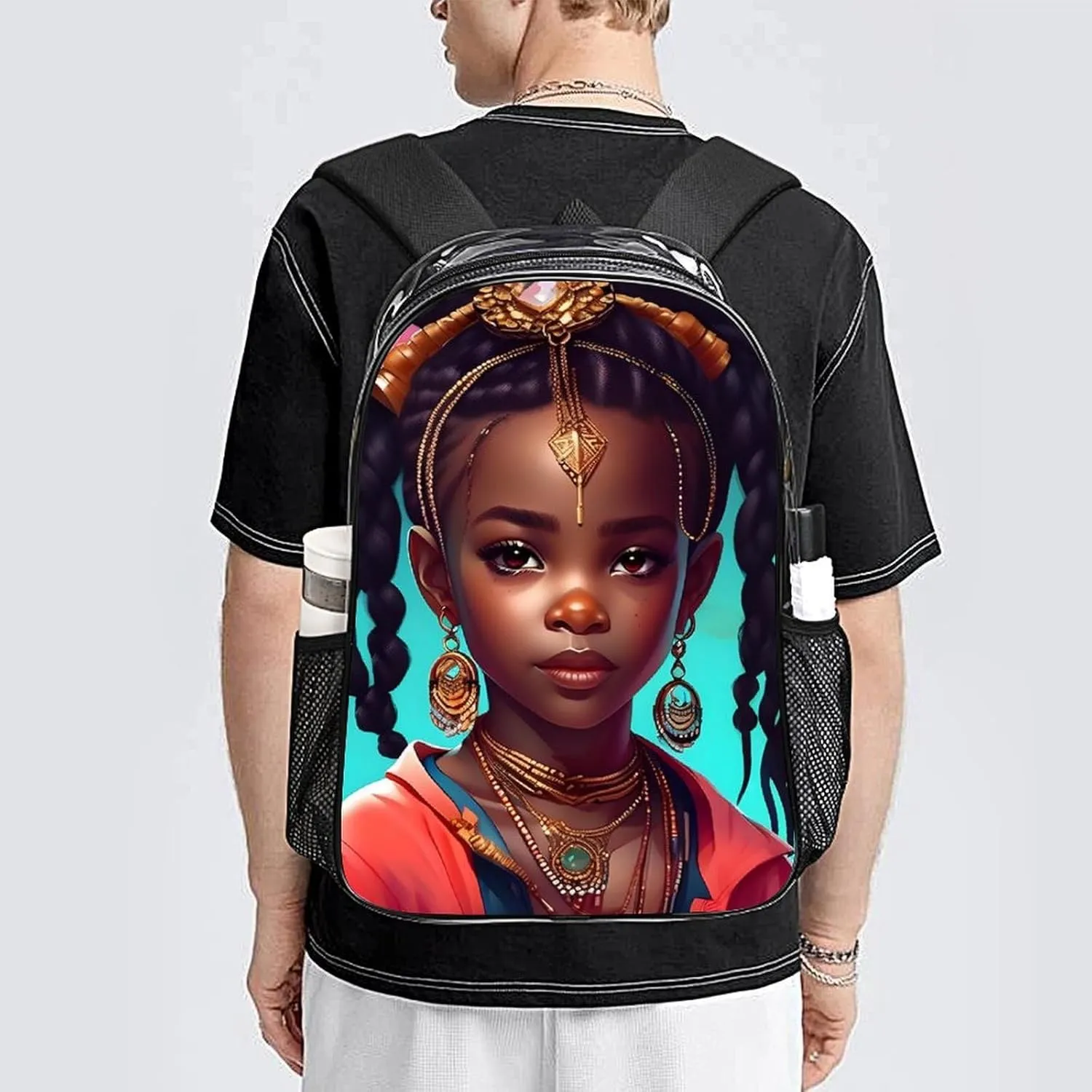 Transparent Daypack Backpack for Trekking Picnic Walking Cycling - Large Capacity Anti-Theft Multipurpose Shoulder Bag, Afro Women African American Black Women Art Casual Daypack
