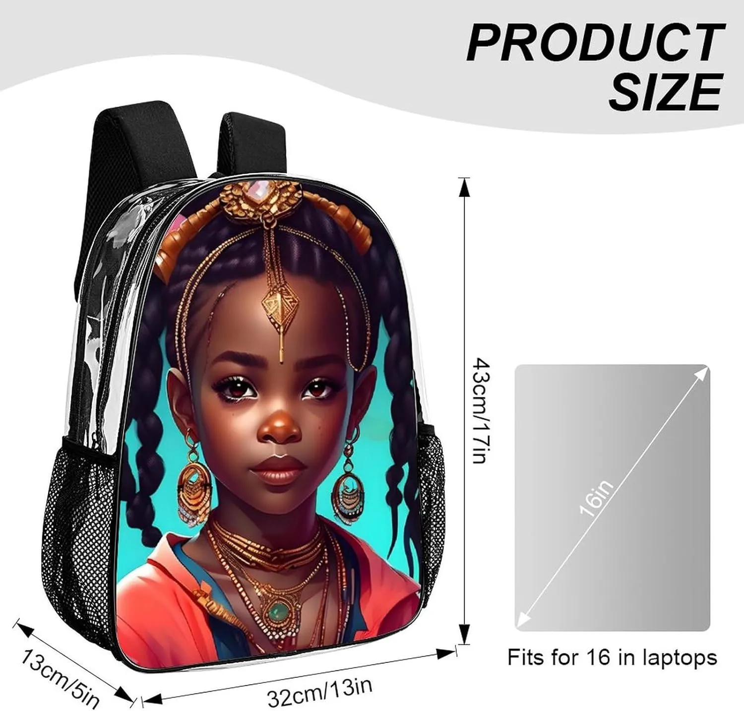 Transparent Daypack Backpack for Trekking Picnic Walking Cycling - Large Capacity Anti-Theft Multipurpose Shoulder Bag, Afro Women African American Black Women Art Casual Daypack