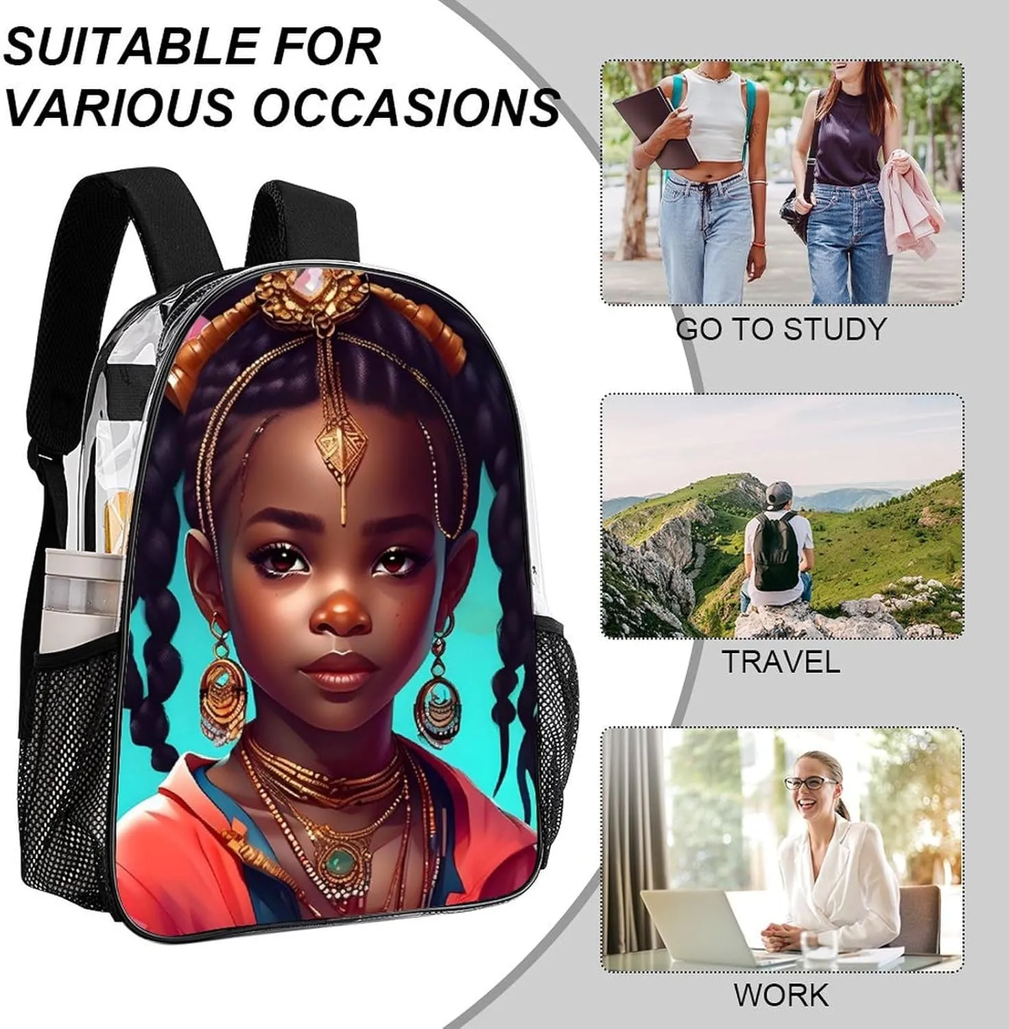 Transparent Daypack Backpack for Trekking Picnic Walking Cycling - Large Capacity Anti-Theft Multipurpose Shoulder Bag, Afro Women African American Black Women Art Casual Daypack