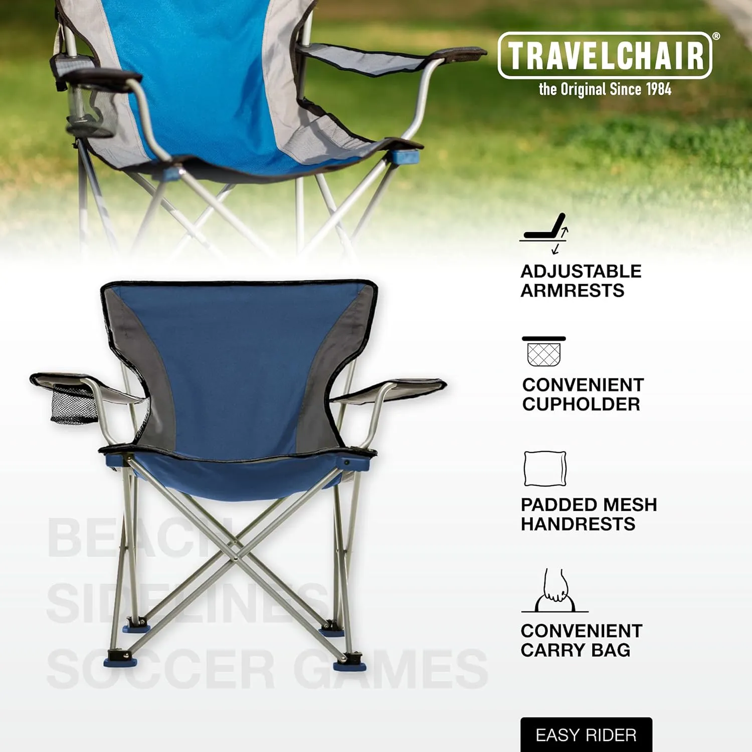 Travel Chair Easy Rider Chair, Portable Folding Camping Chair with Padded Arms