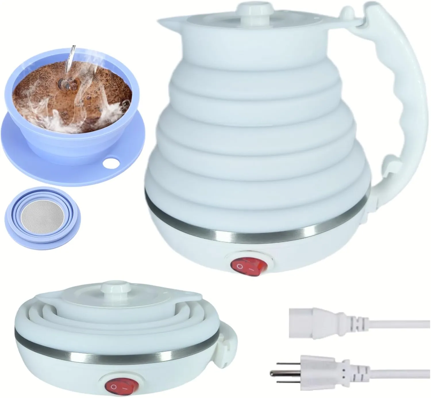 Travel Kettle Electric Collapsible, Portable Electric Kettle Silicone   Paperless Collapsible Coffee Dripper, Travel Pour Over Coffee Maker Single Cup, White