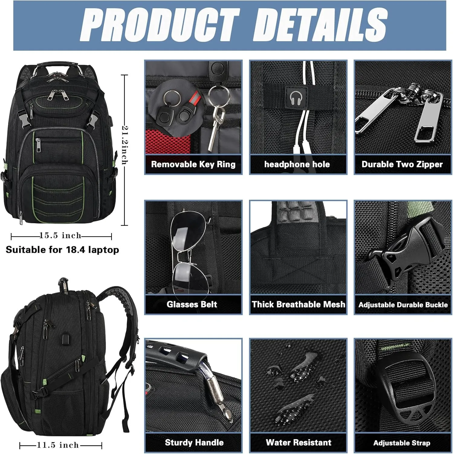 Travel Laptop Backpack,Extra Large 18.4 Inch Laptop RFID Anti Theft TSA Friendly Backpack with USB Charging Port,Water Resistant Backbag,Heavy Duty Computer Bag for Women Men,21.2*15.5*11.5 inch Green