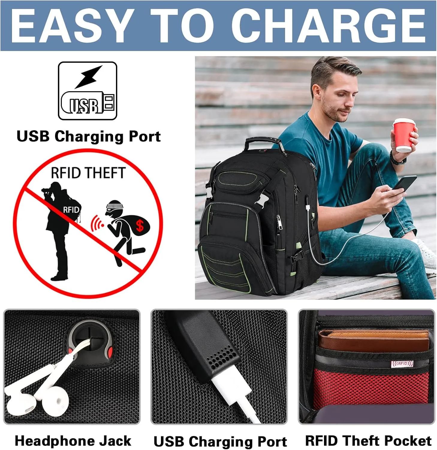Travel Laptop Backpack,Extra Large 18.4 Inch Laptop RFID Anti Theft TSA Friendly Backpack with USB Charging Port,Water Resistant Backbag,Heavy Duty Computer Bag for Women Men,21.2*15.5*11.5 inch Green