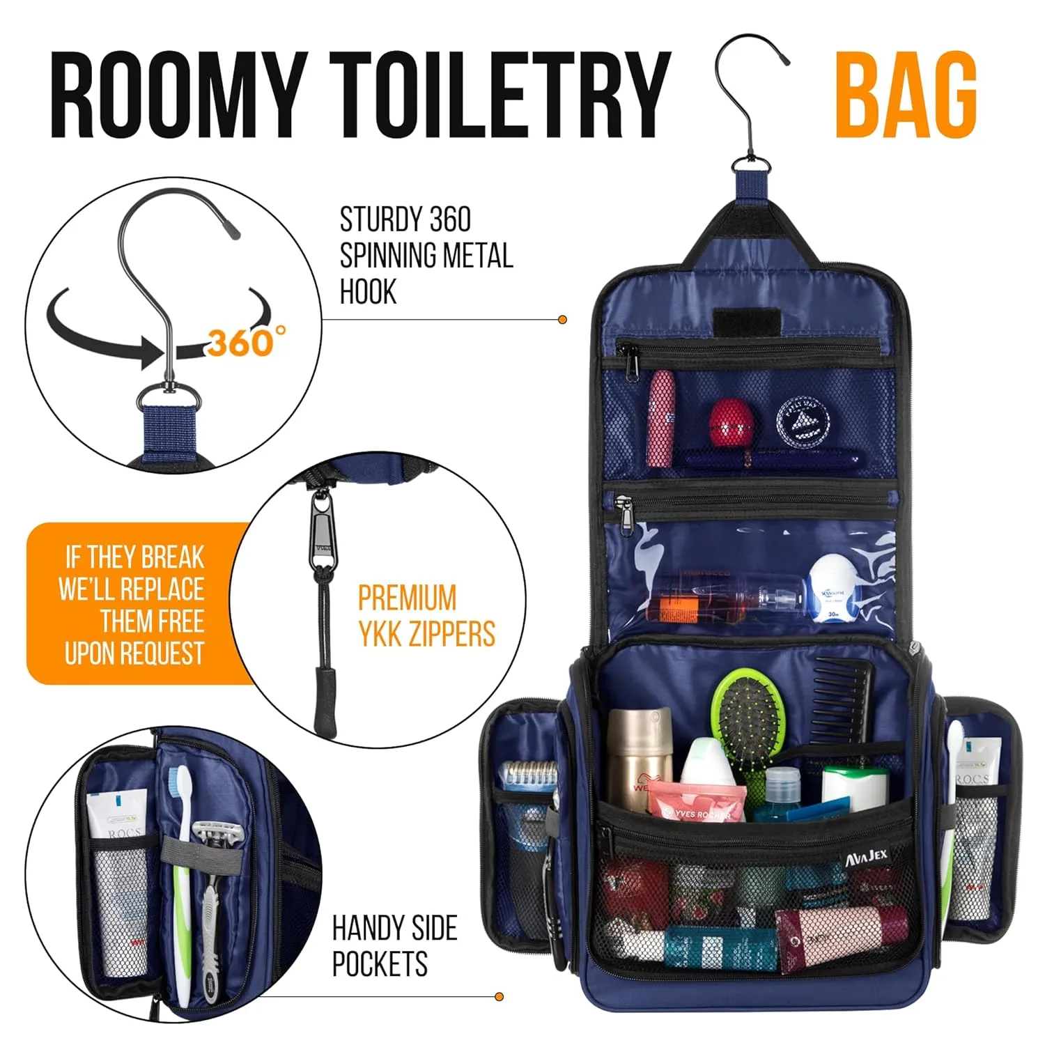 Travel Toiletry Bag for Men and Women - Large Hanging Toiletry Organizer - Waterproof Hygiene Bag with Metal XXL Swivel Hook, with YKK Zippers and 19 Compartments for Toiletries, Makeup, Cosmetics
