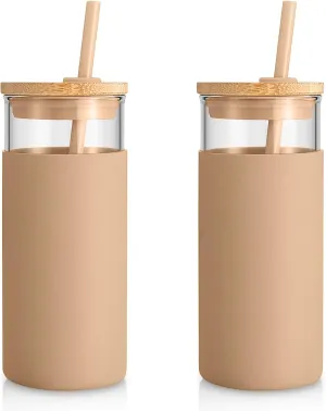 Tronco 20 oz Glass Tumbler Glass Water Bottle Straw Silicone Protective Sleeve Bamboo Lid - BPA Free- Amber/2 Pack