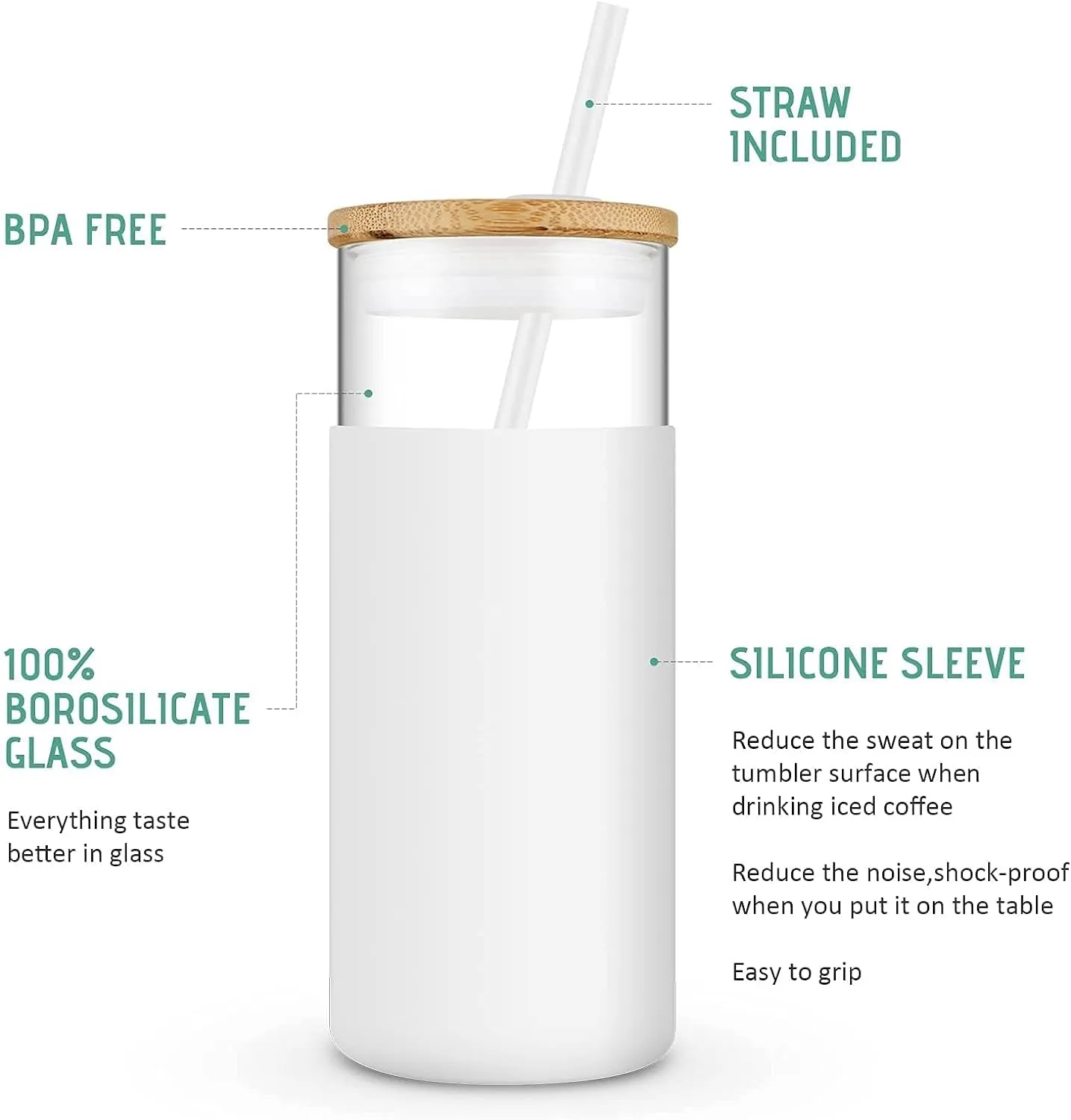 Tronco 20 oz Glass Tumbler Glass Water Bottle Straw Silicone Protective Sleeve Bamboo Lid - BPA Free- Amber/2 Pack
