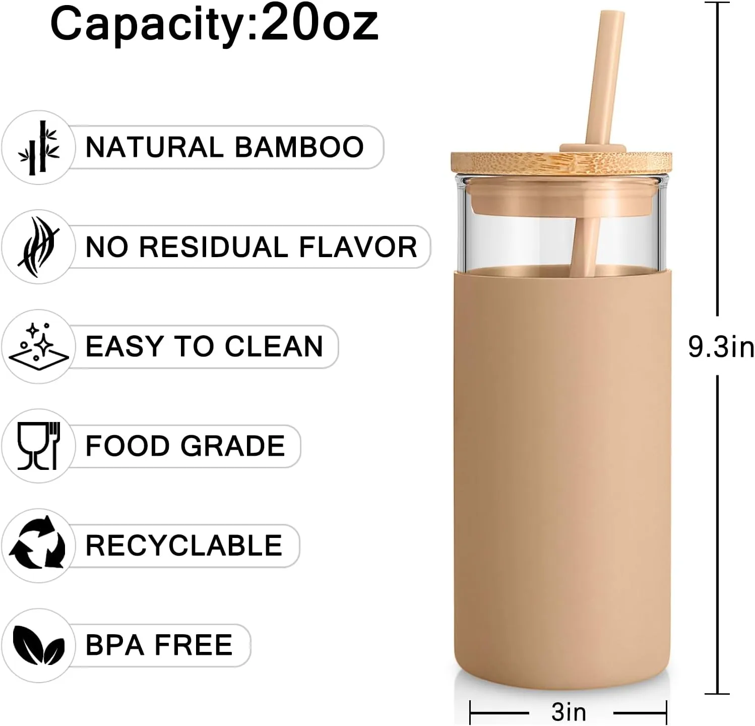Tronco 20 oz Glass Tumbler Glass Water Bottle Straw Silicone Protective Sleeve Bamboo Lid - BPA Free- Amber/2 Pack