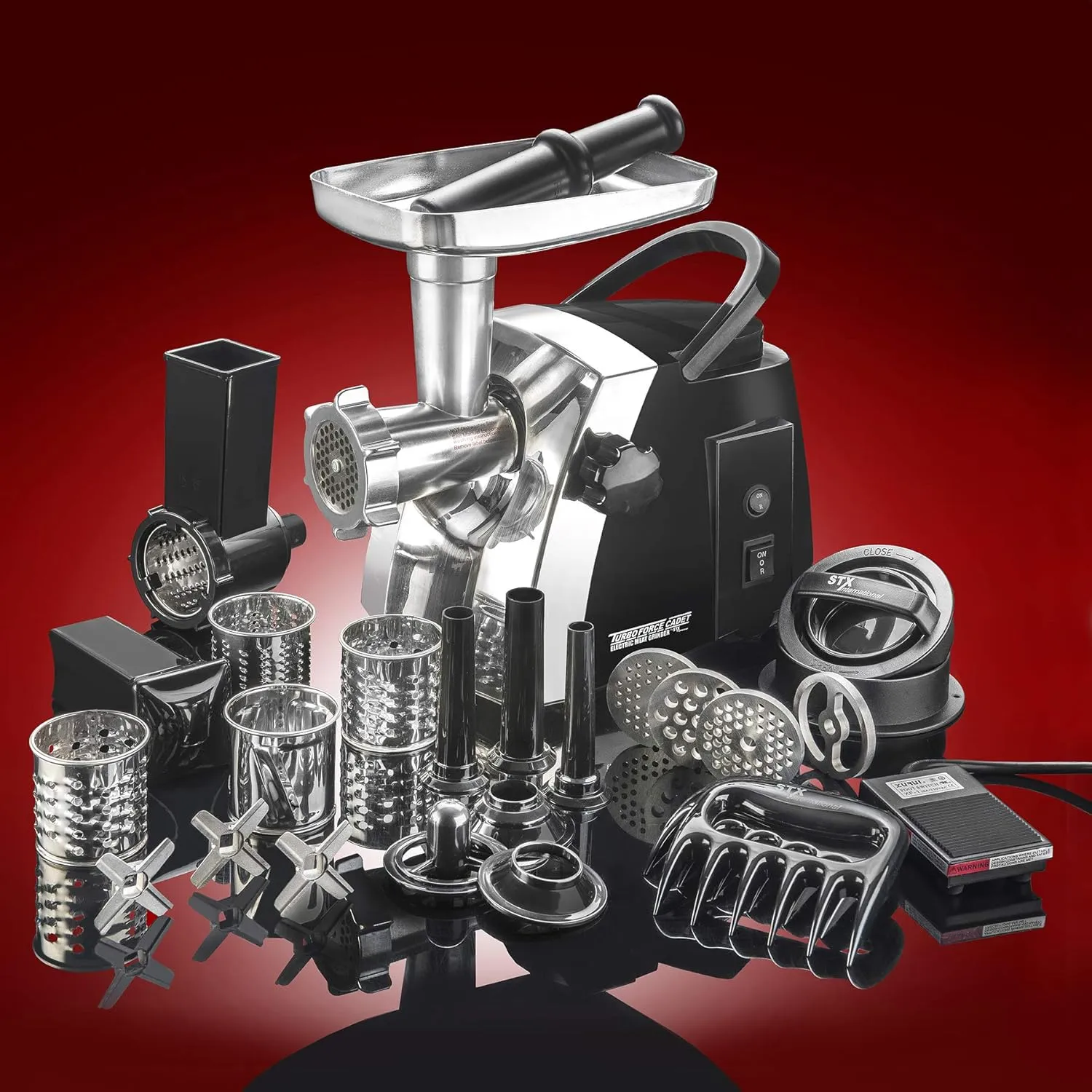 Turboforce Cadet 2000 Series Electric Meat Grinder | 7-in-1 Multifunctional | Foot Pedal | Slicer/Shredder/Grater | Sausage Stuffer | Kubbe Maker | 4 Grinding Plates & More Included