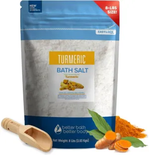 Turmeric Bath Salt 128 Ounces (8 Lbs) Large Bag USP Epsom Salt with Natural Turmeric Essential Oil Plus Vitamin C in BPA Free Pouch with Easy Press Lock Seal Made in USA