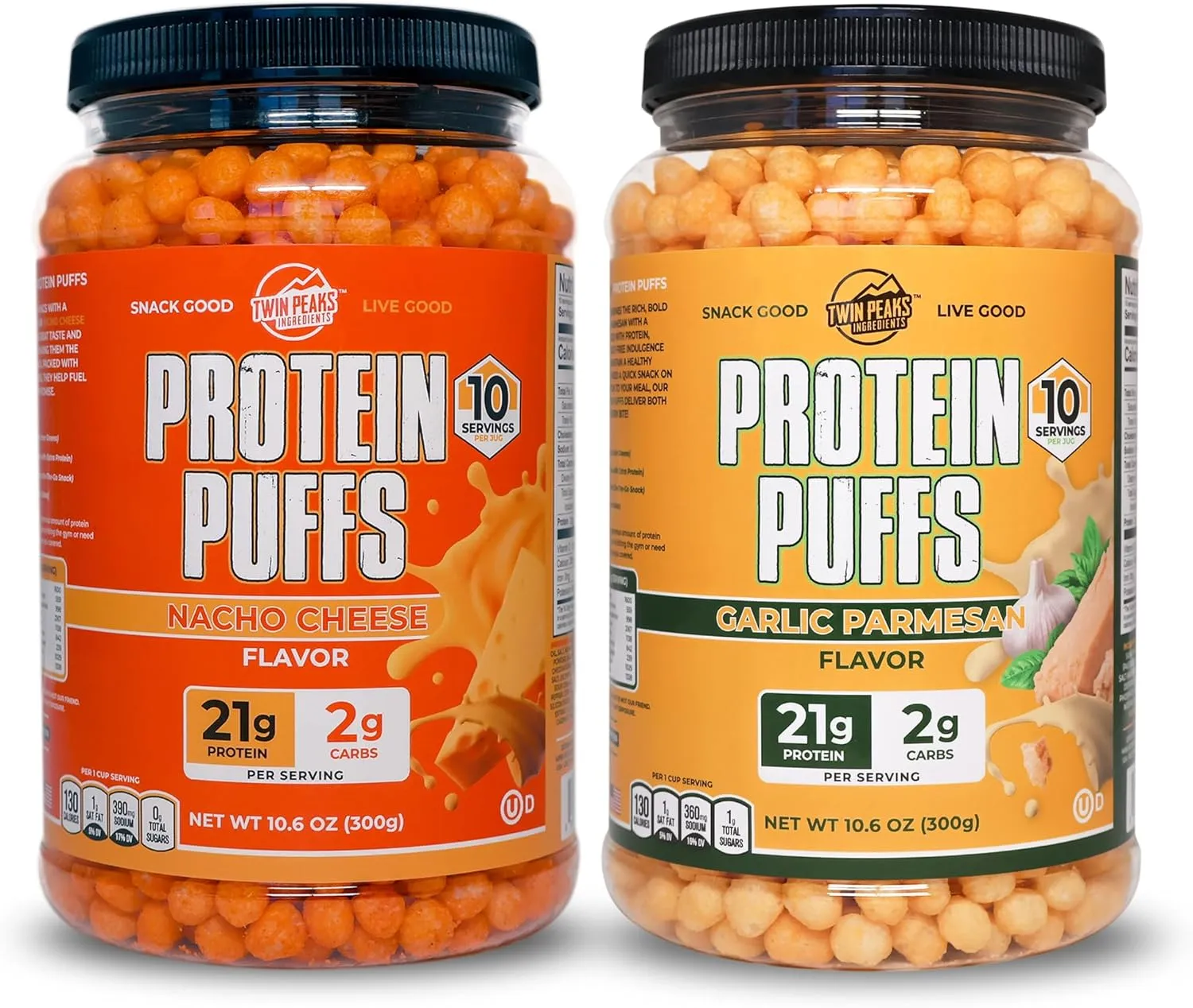 Twin Peaks Low Carb, Keto Friendly Protein Puffs, 1 Jug Garlic Parmesan Flavor Puffs   1 Jug Nacho Cheese Flavor Puffs