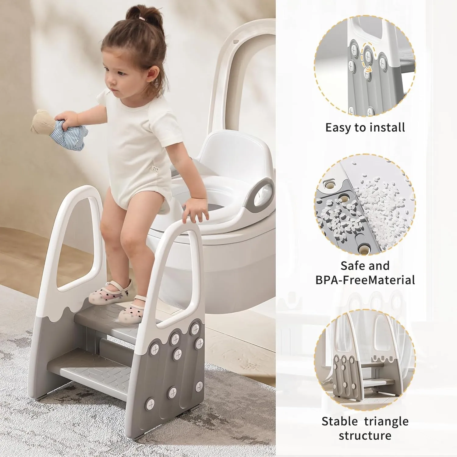 Two Step Stool with Handrails for Toddler and Kids, Standing Learning Stool Tower for Bathroom Sink, Potty Training, Children Step Up Learning Helper with Handles and Safety Non-Slip Pads(Gray)