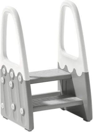 Two Step Stool with Handrails for Toddler and Kids, Standing Learning Stool Tower for Bathroom Sink, Potty Training, Children Step Up Learning Helper with Handles and Safety Non-Slip Pads(Gray)