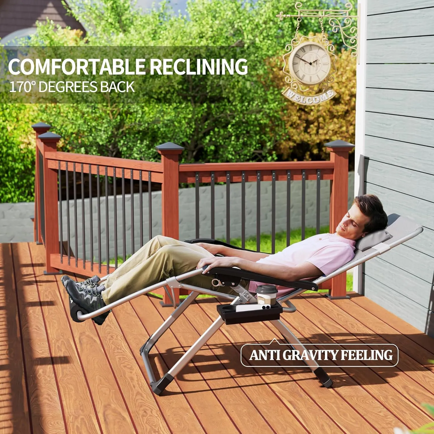 UDPATIO Oversized Zero Gravity Chair 29In XL Lounge Chair with Removable Cushion |Pillows, Outdoor Folding Reclining with |Cup Holder |Foot Rest |Lock,Reclining Patio Chairs Grey, Support 500LB