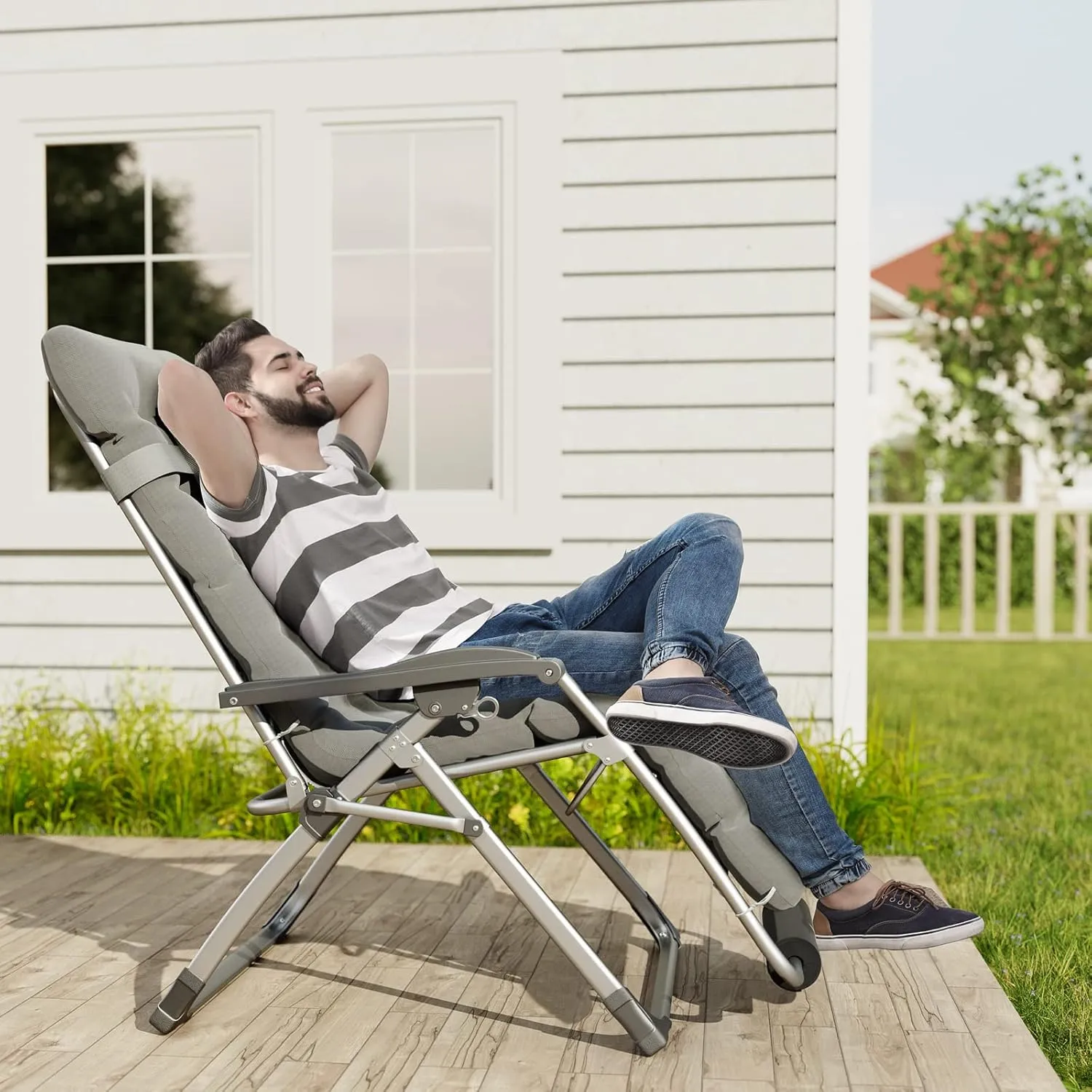 UDPATIO Oversized Zero Gravity Chair 29In XL Lounge Chair with Removable Cushion |Pillows, Outdoor Folding Reclining with |Cup Holder |Foot Rest |Lock,Reclining Patio Chairs Grey, Support 500LB