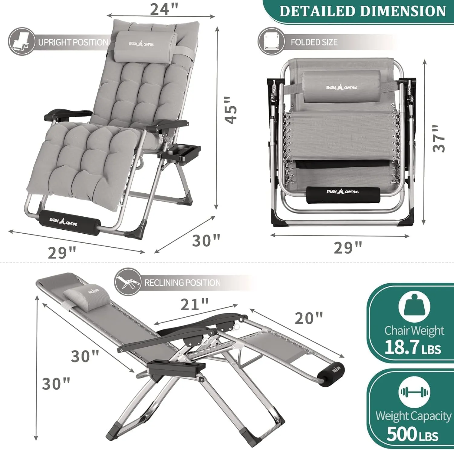 UDPATIO Oversized Zero Gravity Chair 29In XL Lounge Chair with Removable Cushion |Pillows, Outdoor Folding Reclining with |Cup Holder |Foot Rest |Lock,Reclining Patio Chairs Grey, Support 500LB