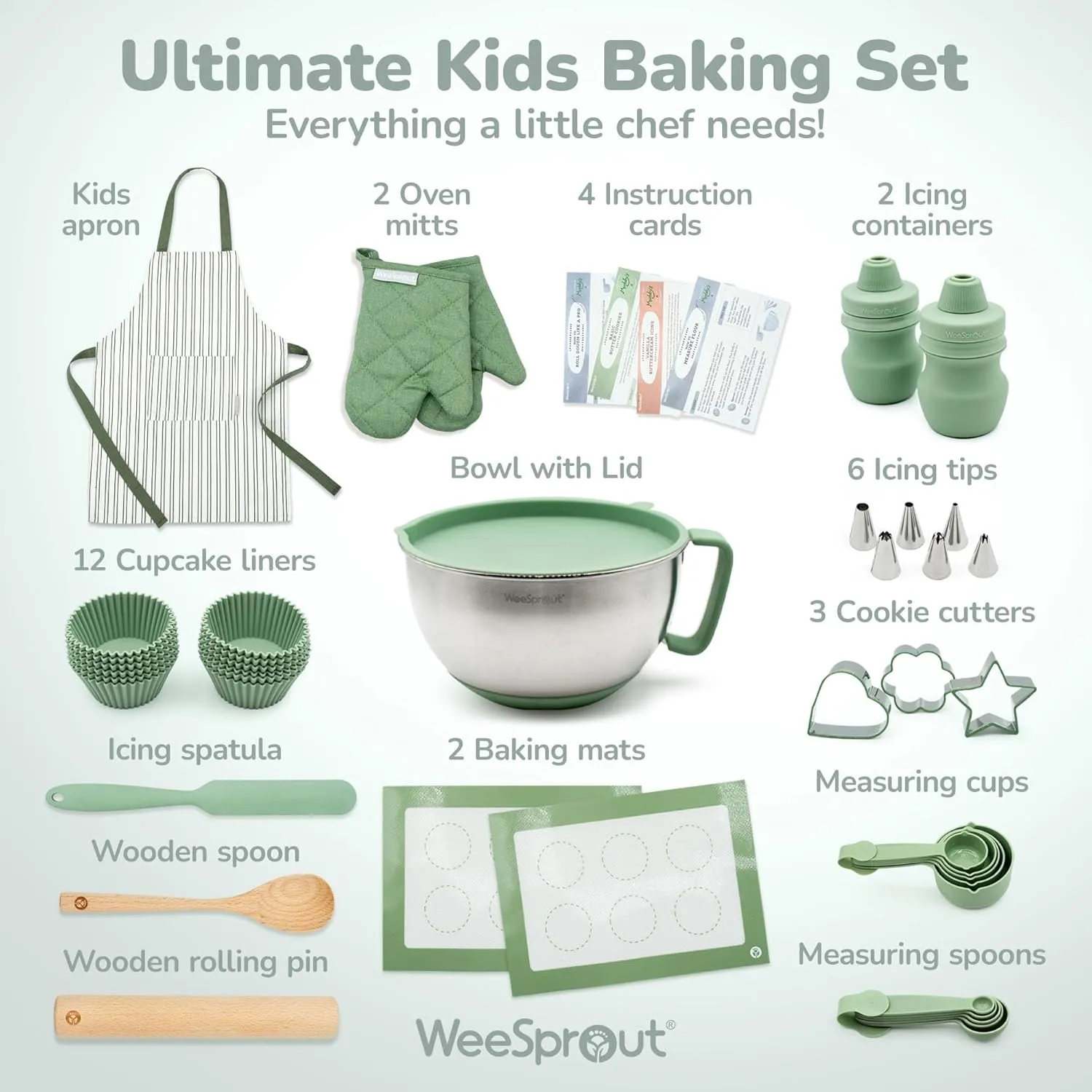 Ultimate Baking Kit for Kids - Kids Baking Set with Child Sized Utensils - Includes Apron, Oven Mitts, Silicone Mats & Liners - Perfect Cooking Set for Ages 6-12 - Gift for Children Green