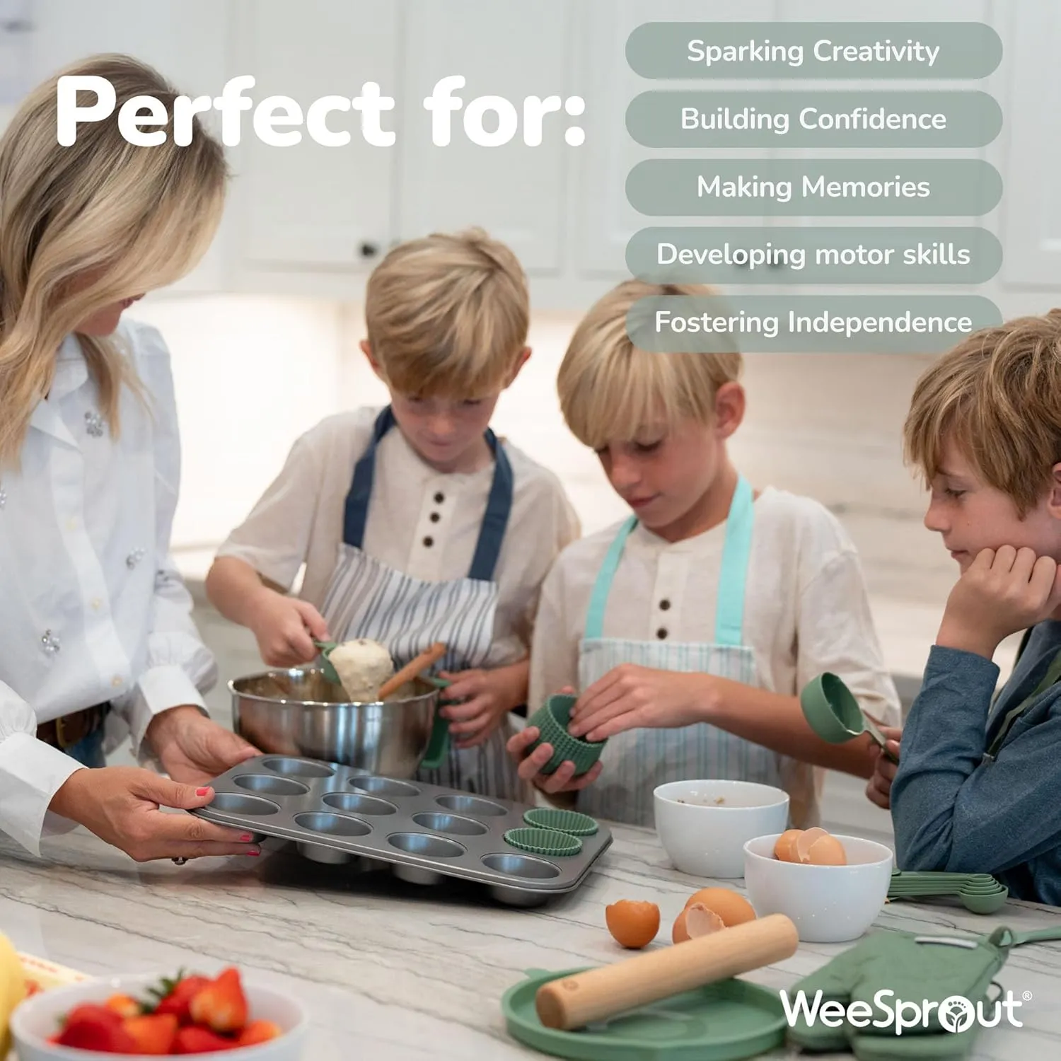 Ultimate Baking Kit for Kids - Kids Baking Set with Child Sized Utensils - Includes Apron, Oven Mitts, Silicone Mats & Liners - Perfect Cooking Set for Ages 6-12 - Gift for Children Green