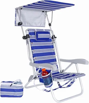 Ultimate Heavy Duty Aluminum Lace-Up Folding Backpack Beach Chair for Adults | Low Seat, Lay Flat, 5 Reclining Positions | Removable Insulated Cooler Pouch & Canopy for UV Protection
