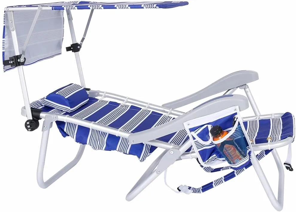 Ultimate Heavy Duty Aluminum Lace-Up Folding Backpack Beach Chair for Adults | Low Seat, Lay Flat, 5 Reclining Positions | Removable Insulated Cooler Pouch & Canopy for UV Protection