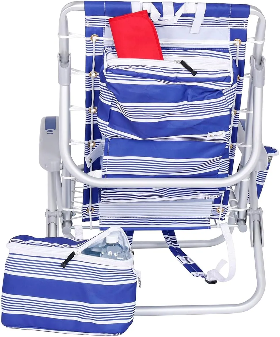 Ultimate Heavy Duty Aluminum Lace-Up Folding Backpack Beach Chair for Adults | Low Seat, Lay Flat, 5 Reclining Positions | Removable Insulated Cooler Pouch & Canopy for UV Protection
