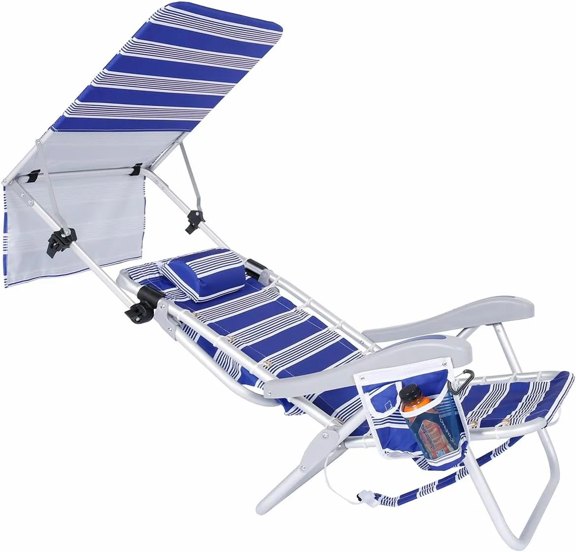 Ultimate Heavy Duty Aluminum Lace-Up Folding Backpack Beach Chair for Adults | Low Seat, Lay Flat, 5 Reclining Positions | Removable Insulated Cooler Pouch & Canopy for UV Protection
