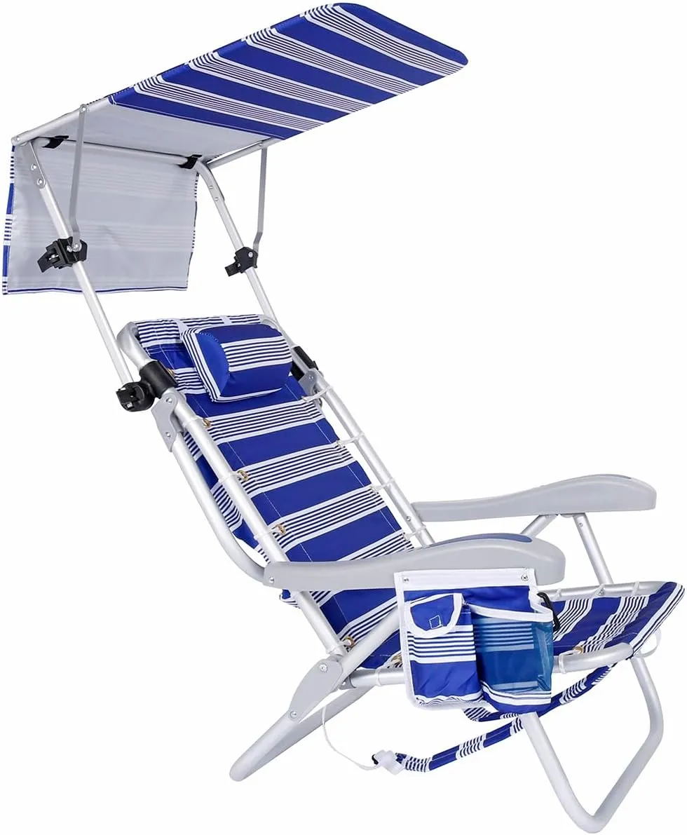 Ultimate Heavy Duty Aluminum Lace-Up Folding Backpack Beach Chair for Adults | Low Seat, Lay Flat, 5 Reclining Positions | Removable Insulated Cooler Pouch & Canopy for UV Protection