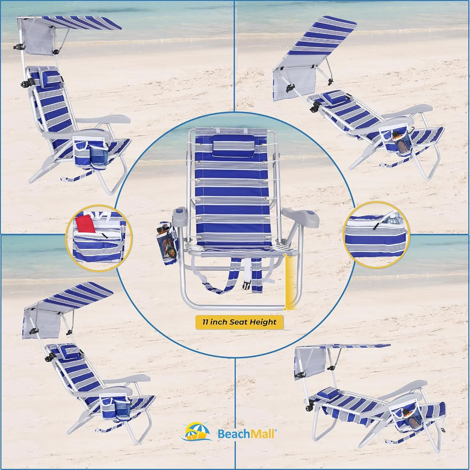 Ultimate Heavy Duty Aluminum Lace-Up Folding Backpack Beach Chair for Adults | Low Seat, Lay Flat, 5 Reclining Positions | Removable Insulated Cooler Pouch & Canopy for UV Protection