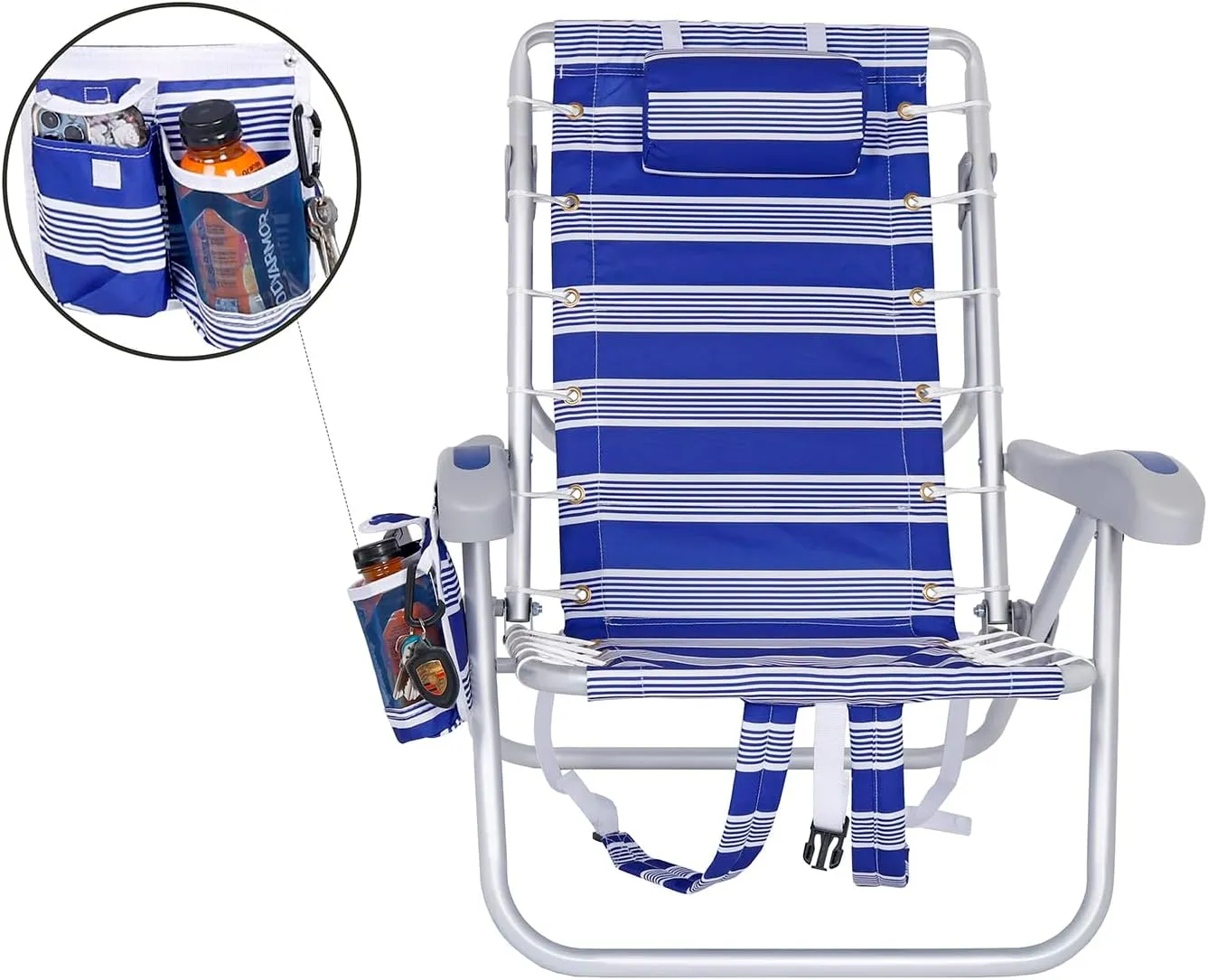 Ultimate Heavy Duty Aluminum Lace-Up Folding Backpack Beach Chair for Adults | Low Seat, Lay Flat, 5 Reclining Positions | Removable Insulated Cooler Pouch & Canopy for UV Protection