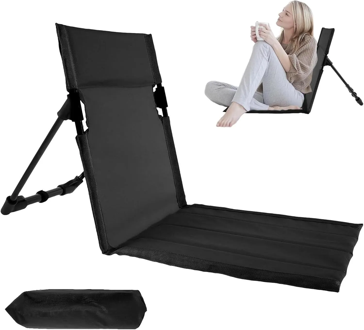 Ultra-Light Beach Mat Lounge Chair, Portable Beach Chairs, Folding Reclining Beach Mat with Back Support for Sunbathing Camping Road Trips(Black)