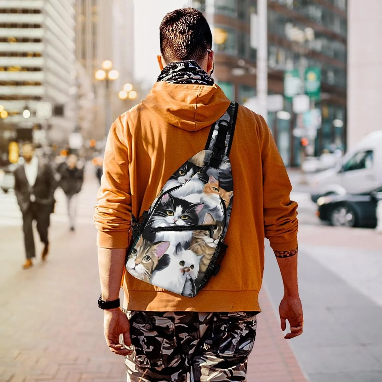 Ultra Lightweight Sling Shoulder Backpack Shoulder Crossbody Bag Chest Pack Multipurpose Anti-Theft Daypack for Outdoors Camping Hiking Trekking, Cat Breeds Packed Cats Art