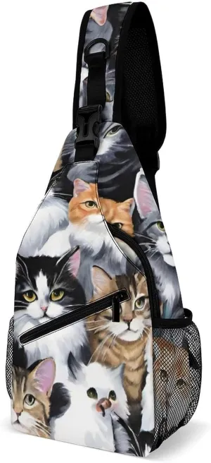 Ultra Lightweight Sling Shoulder Backpack Shoulder Crossbody Bag Chest Pack Multipurpose Anti-Theft Daypack for Outdoors Camping Hiking Trekking, Cat Breeds Packed Cats Art