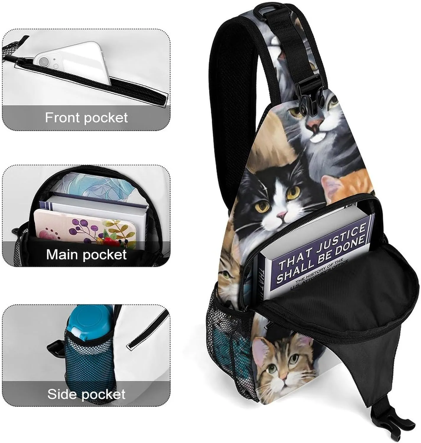 Ultra Lightweight Sling Shoulder Backpack Shoulder Crossbody Bag Chest Pack Multipurpose Anti-Theft Daypack for Outdoors Camping Hiking Trekking, Cat Breeds Packed Cats Art