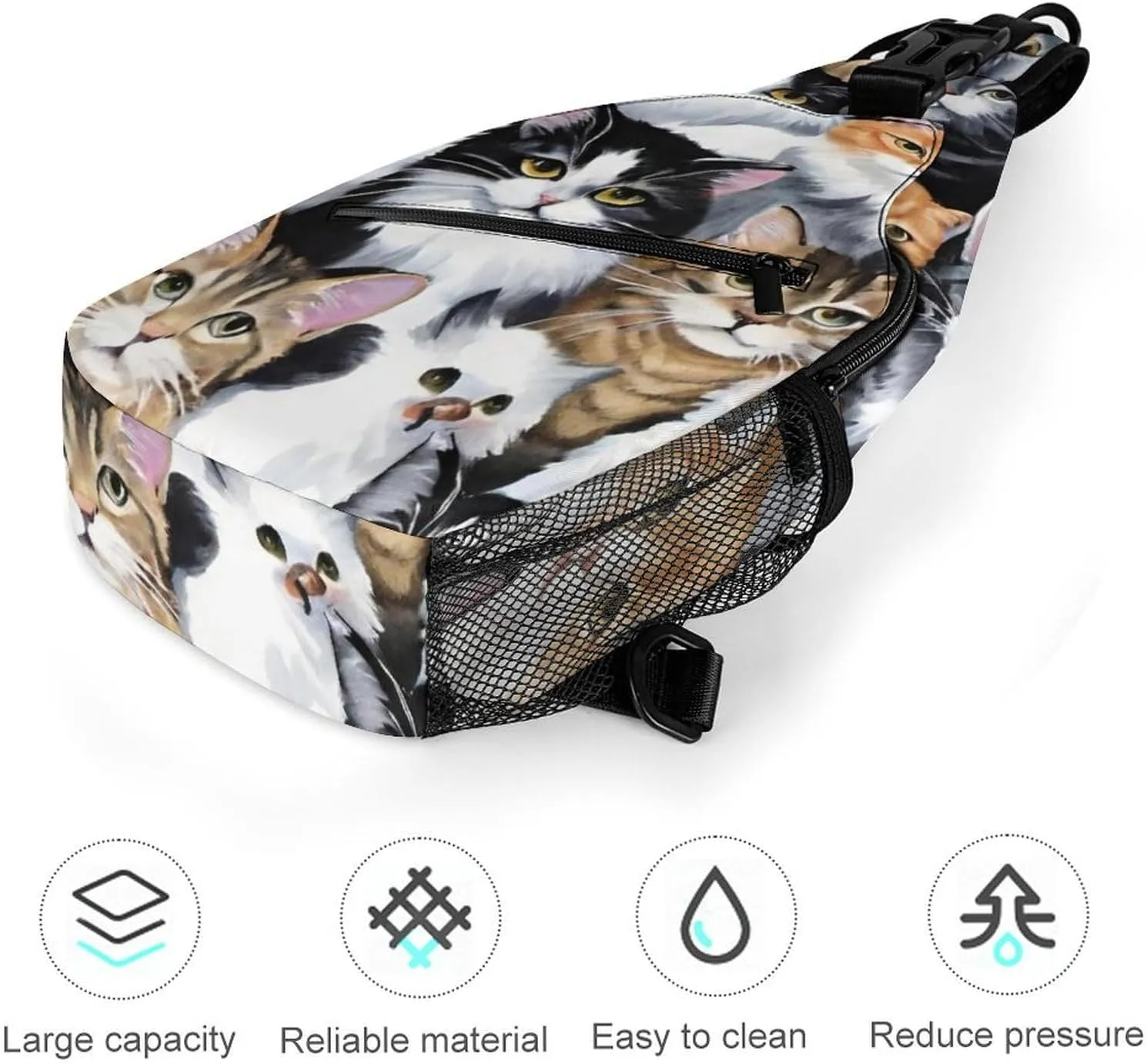 Ultra Lightweight Sling Shoulder Backpack Shoulder Crossbody Bag Chest Pack Multipurpose Anti-Theft Daypack for Outdoors Camping Hiking Trekking, Cat Breeds Packed Cats Art