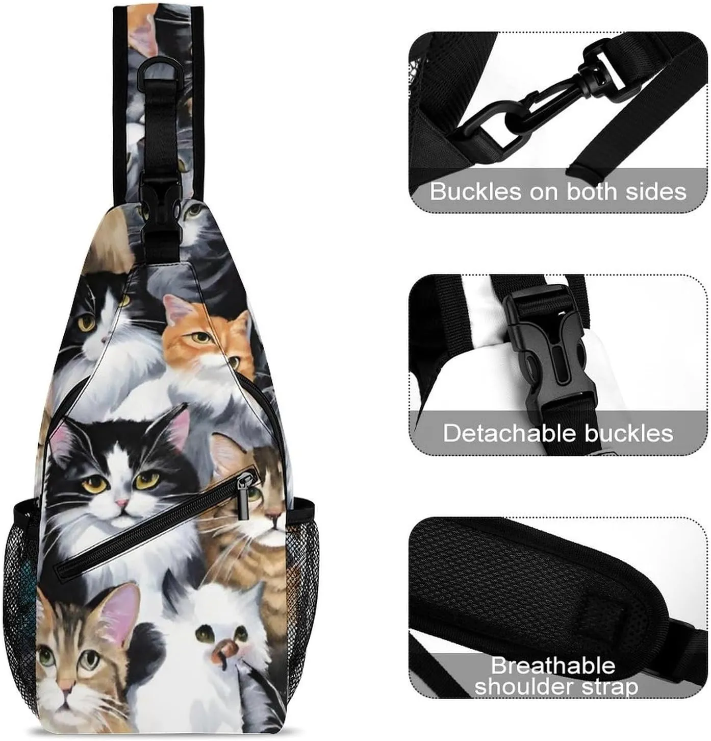 Ultra Lightweight Sling Shoulder Backpack Shoulder Crossbody Bag Chest Pack Multipurpose Anti-Theft Daypack for Outdoors Camping Hiking Trekking, Cat Breeds Packed Cats Art