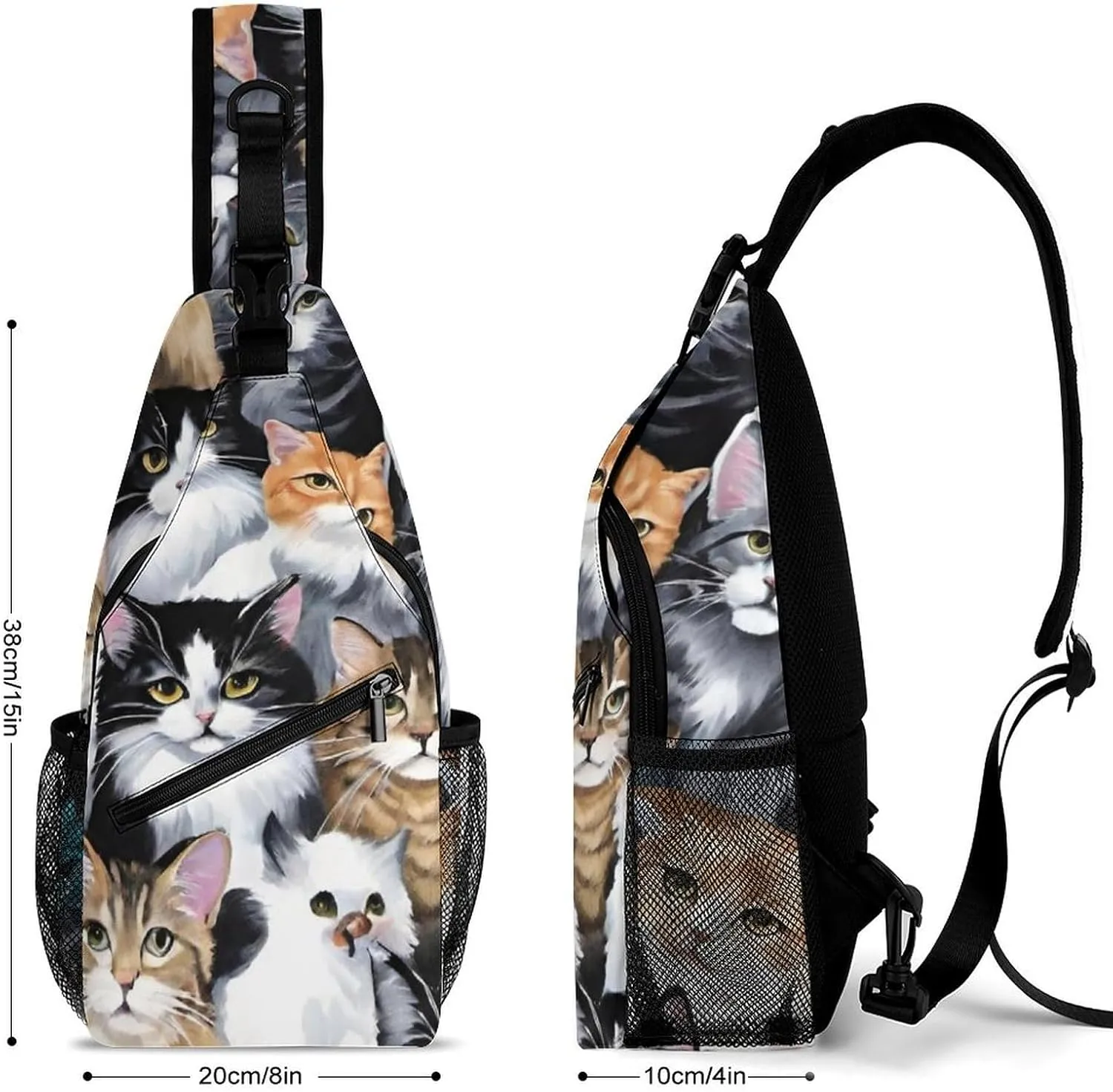 Ultra Lightweight Sling Shoulder Backpack Shoulder Crossbody Bag Chest Pack Multipurpose Anti-Theft Daypack for Outdoors Camping Hiking Trekking, Cat Breeds Packed Cats Art