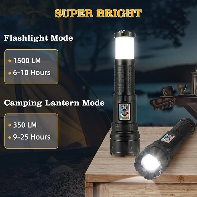 ULTRAFIRE Tactical Flashlight 1500 Lumens with Camping Lantern, Zoomable 10 Modes Bright LED Flashlight, USB Rechargeable, with Red Flashing Mode for Camping Hiking Outdoor, Z9 PRO