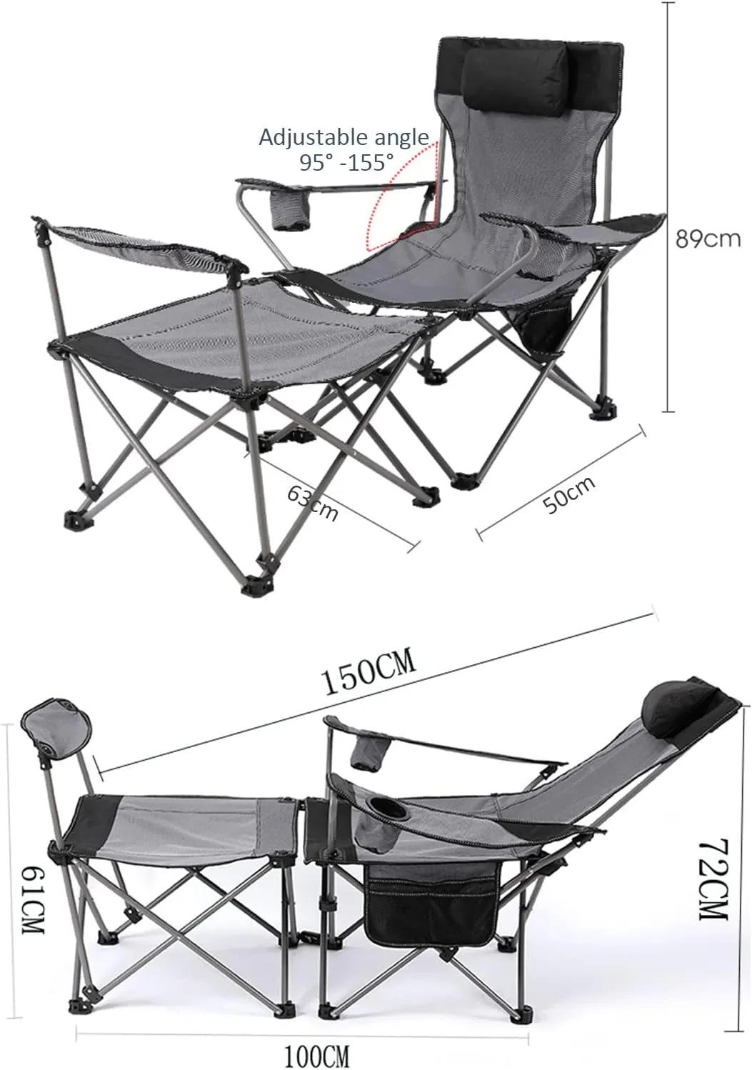 Ultralight Camping Chair, Portable Folding Compact Camping Chair 2 in 1 Camping Folding Recliner Chair with Detachable Footstool, Heavy Support 150kg,D
