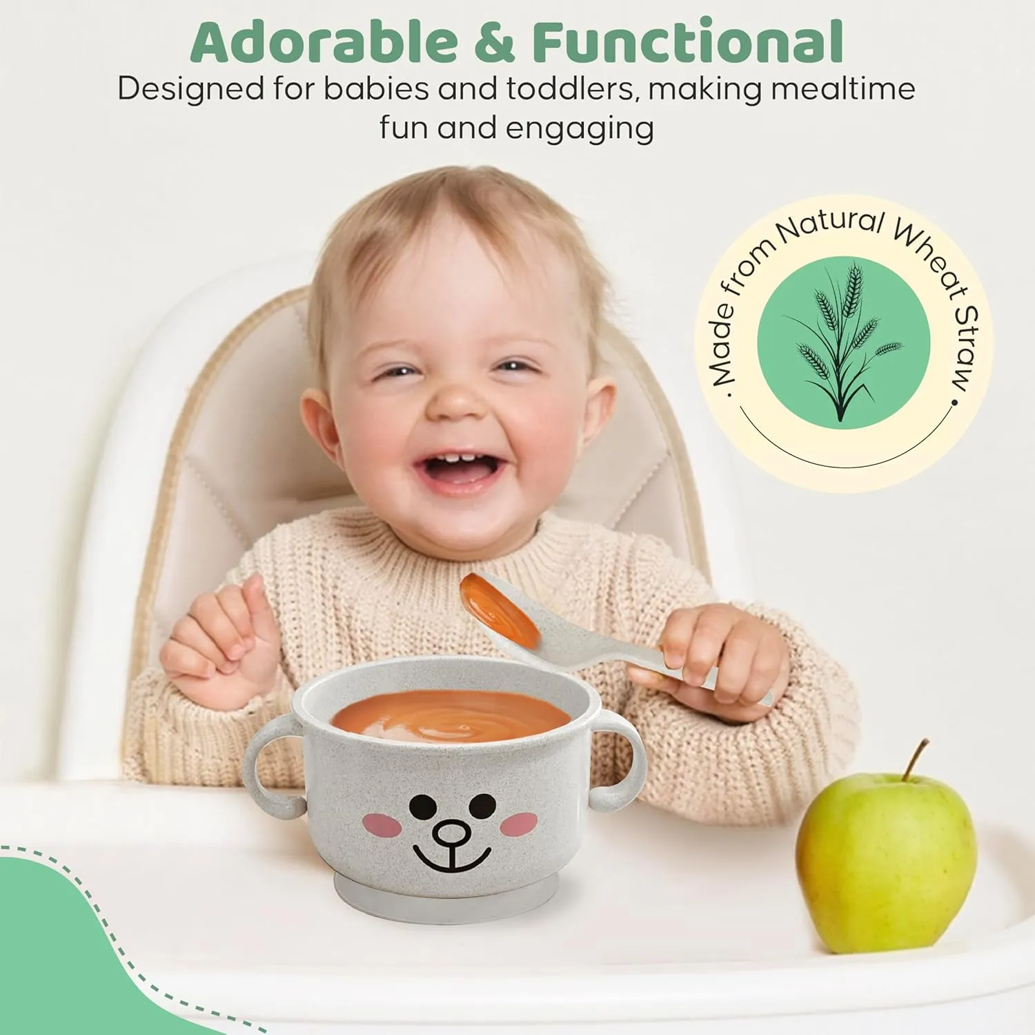 Unbreakable Bowls for Babies & Toddlers with Spoon and Plate, Eco-Friendly Wheat Straw, Stay Put Suction, BPA-Free, Microwave & Dishwasher Safe, Lightweight, No Odor or Soap Taste (Blue&White)