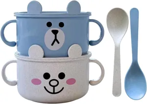 Unbreakable Bowls for Babies & Toddlers with Spoon and Plate, Eco-Friendly Wheat Straw, Stay Put Suction, BPA-Free, Microwave & Dishwasher Safe, Lightweight, No Odor or Soap Taste (Blue&White)