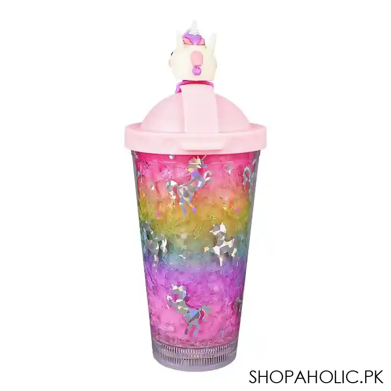 Unicorn Theme BPA Free Plastic Tumbler Water Bottle With Straw & Strap, Insulated Travel Mug, Dark Pink, 500ml Capacity, WBD9100