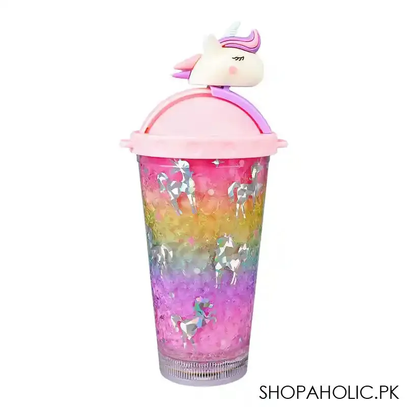 Unicorn Theme BPA Free Plastic Tumbler Water Bottle With Straw & Strap, Insulated Travel Mug, Dark Pink, 500ml Capacity, WBD9100