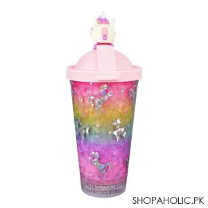 Unicorn Theme BPA Free Plastic Tumbler Water Bottle With Straw & Strap, Insulated Travel Mug, Dark Pink, 500ml Capacity, WBD9100