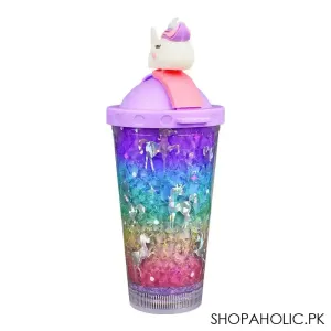 Unicorn Theme BPA Free Plastic Tumbler Water Bottle With Straw & Strap, Insulated Travel Mug, Purple, 500ml Capacity, WBD9100